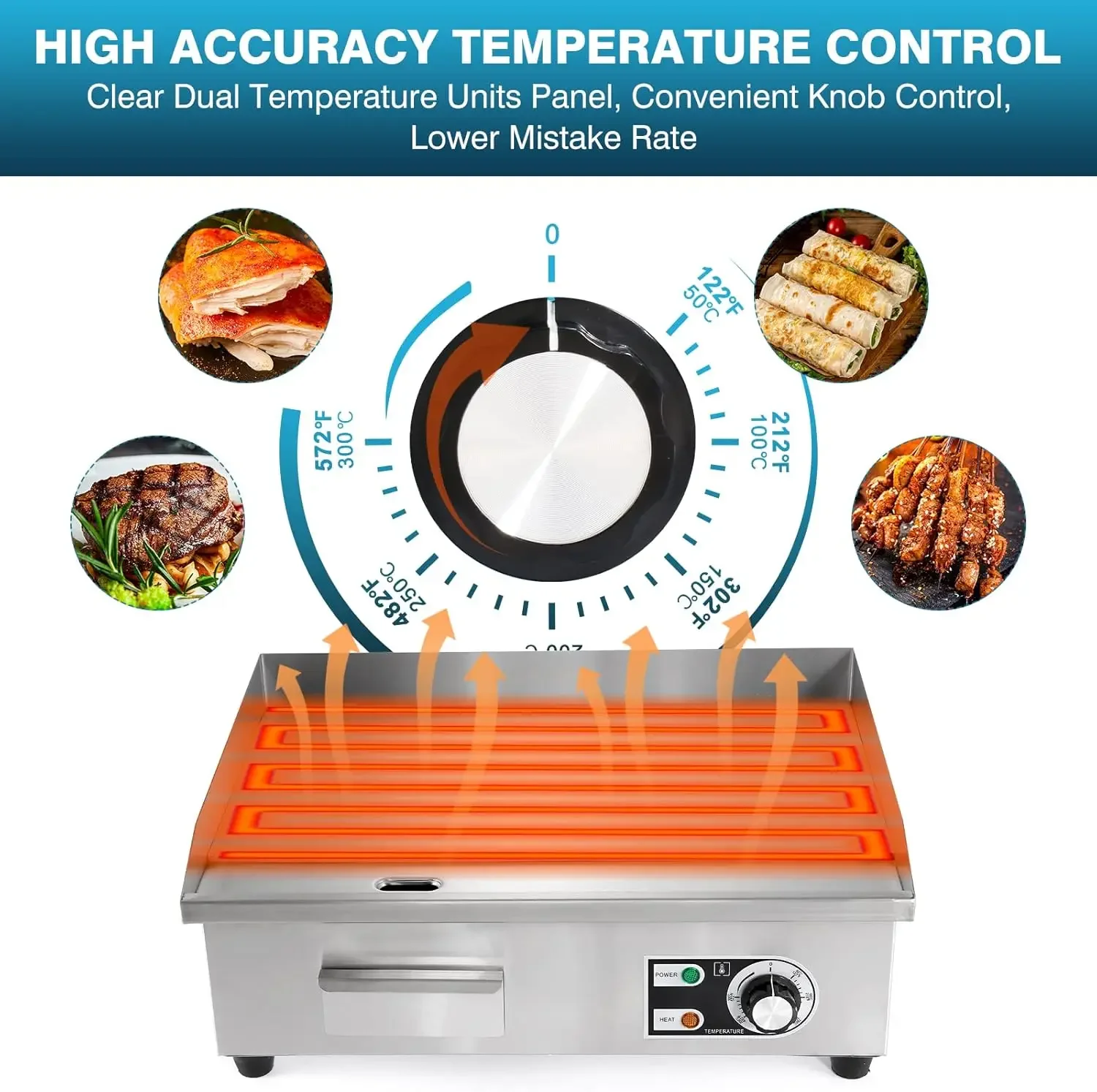 Plancha eléctrica comercial de 22", plancha eléctrica superior plana de 3000 W para interiores con 122 ~ 572 ℉   Temperatura ajustable Con