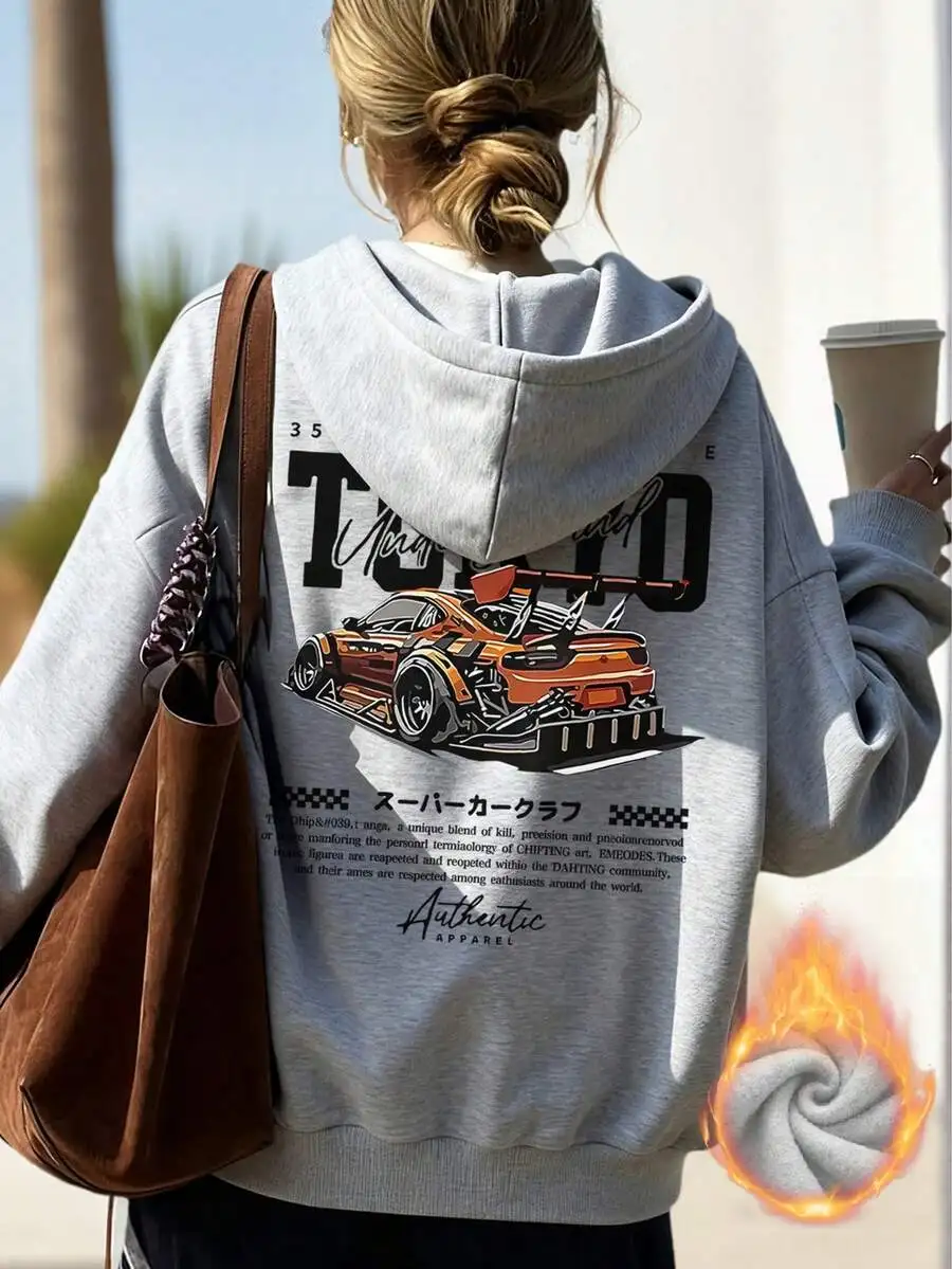 

Женская толстовка оверсайз с графическим принтом спортивного автомобиля, на мягкой флисовой подкладке, для повседневной носки осенью и зимой