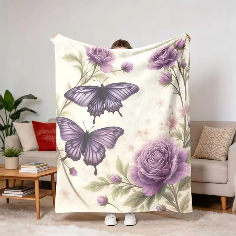 Vintage Watercolor Purple Rose Butterfly Blanket Floral Lavender Flower Soft Blanket for Bedroom Sofa