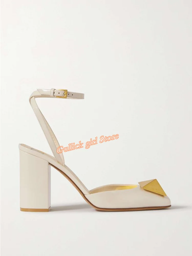 Block Heel Ankle Buckle Strap Pumps Square Toe White Patent Leather One Stud Fashion 2024 Spring Women Chunky Heel Pumps