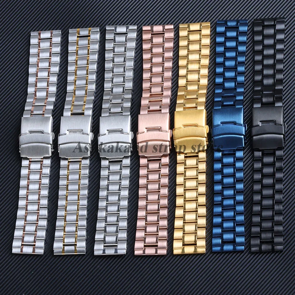 18mm 20mm 22mm 24mm Stainless Steel Watch Strap Arc/Straight End Steel Bracelet Folding Buckle Universal Replacement  Watch Band