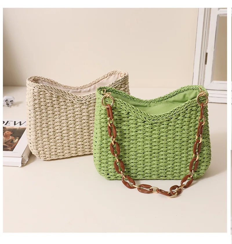 Straw Woven Bag for Women: Solid-Color Shoulder Bag for Beach Vacations Soft, Durable, and Spacious Tote Bag - view 4