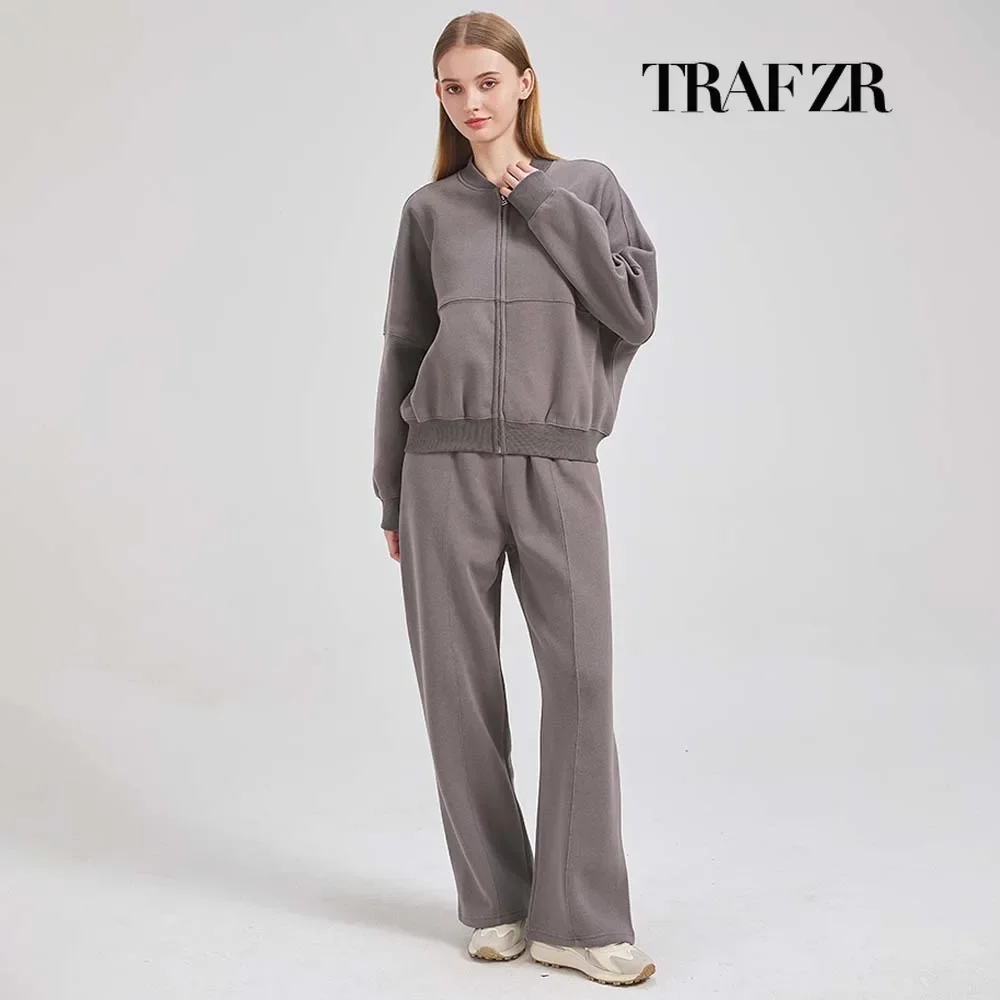 TRAF ZR Zipper Cardigan Sets To Woman 2024 Cotton Tracksuit Suits Baggy Pants Sportswear Women Sweater 2 Piece Set Women Outfits