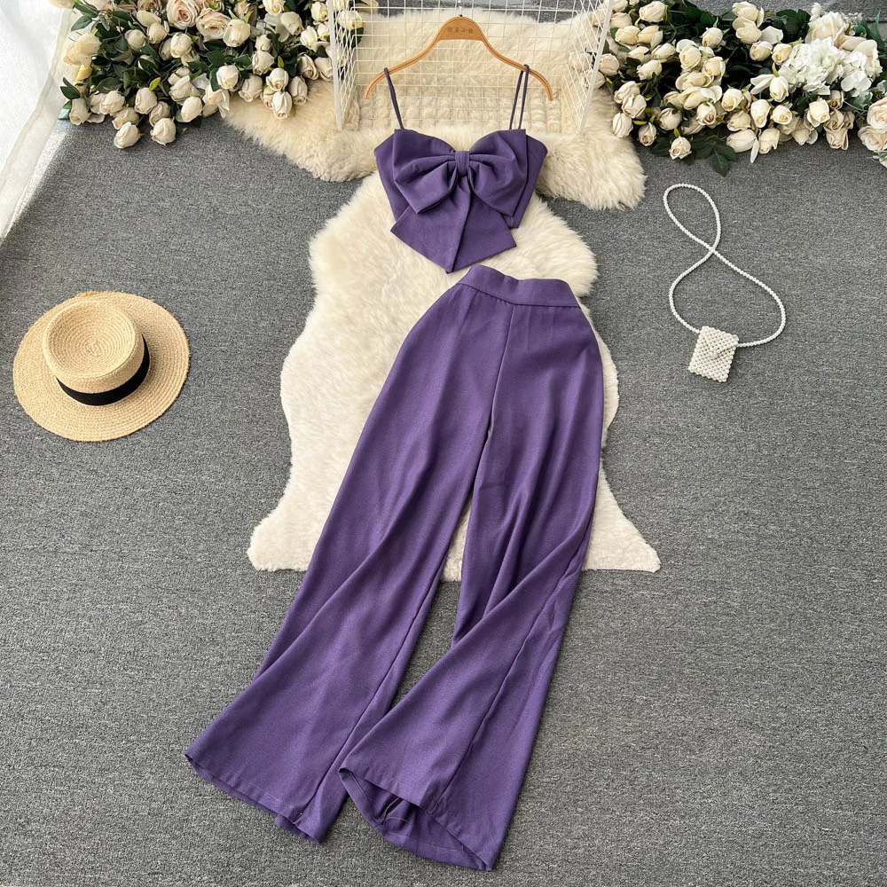 Women Summer Solid Color Fashion Set Bow Strap Top Split Casual Pants Two Piece Set