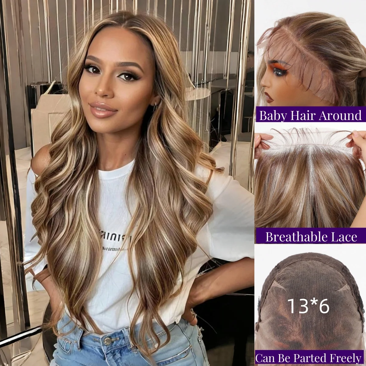 13x6 HD Body Wave Lace Front Wig Brown Highlight Blonde Hair Synthetic Wig With Baby Hair For Women Preplucked Lace Glueless Wig