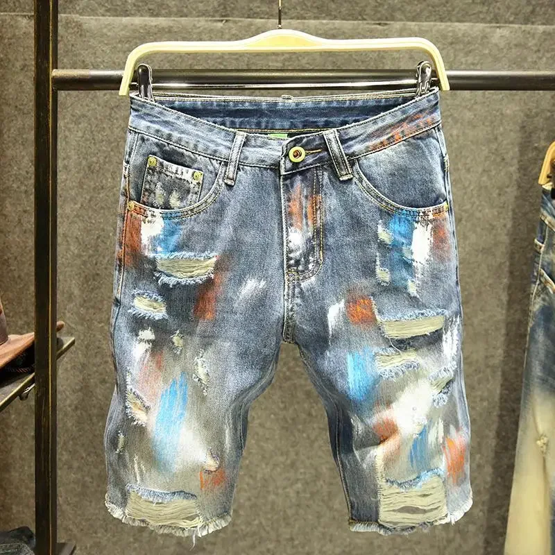 Men\'s Short Jeans Pants Multi Color Ripped Graffiti Male Denim Shorts Korean Fashion Blue New in Cut Emo Trend 2024 Original Xl