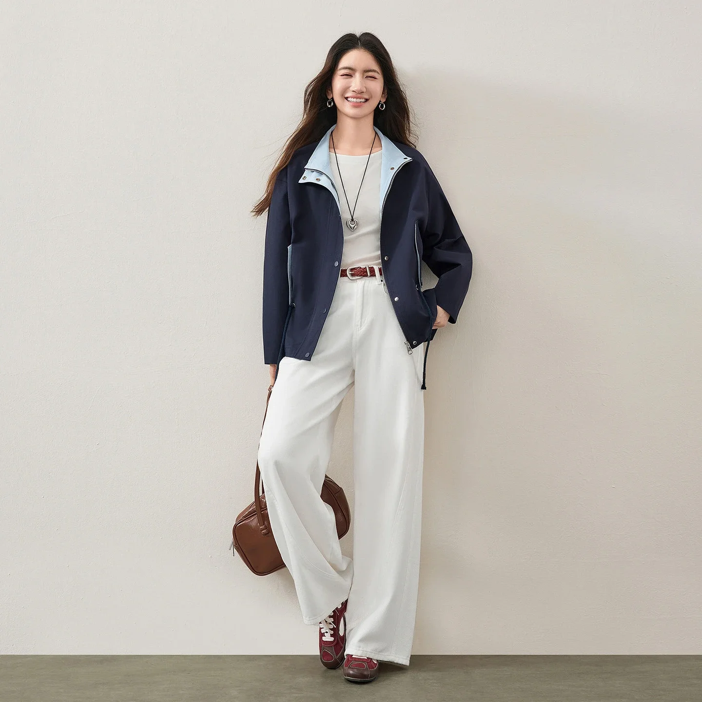 SENTUBILA Lyocell Cotton Trench Coat Women 2026 Autumn Color‑Block Drop Shoulder Cropped Coat Slim Fit Casual Jacket 163FB7758