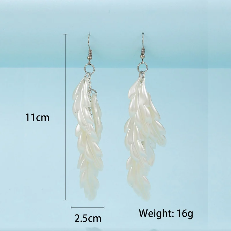 Office Career Elegant Pearl Texture Feather Shape Long Dangle Hook Earrings for Women Daily Wear Stylish Jewelry