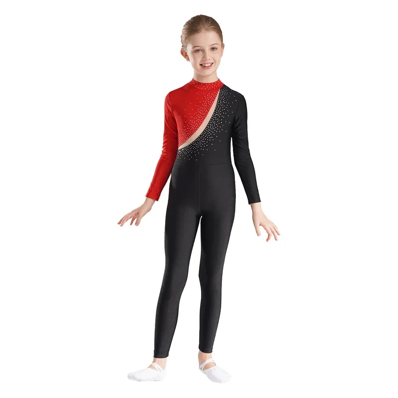 Kids Meisjes Strass Gymnastiek Ballet Turnpakje Lange Mouw Jumpsuit Kunstschaatsen Podiumwedstrijd Bodysuit