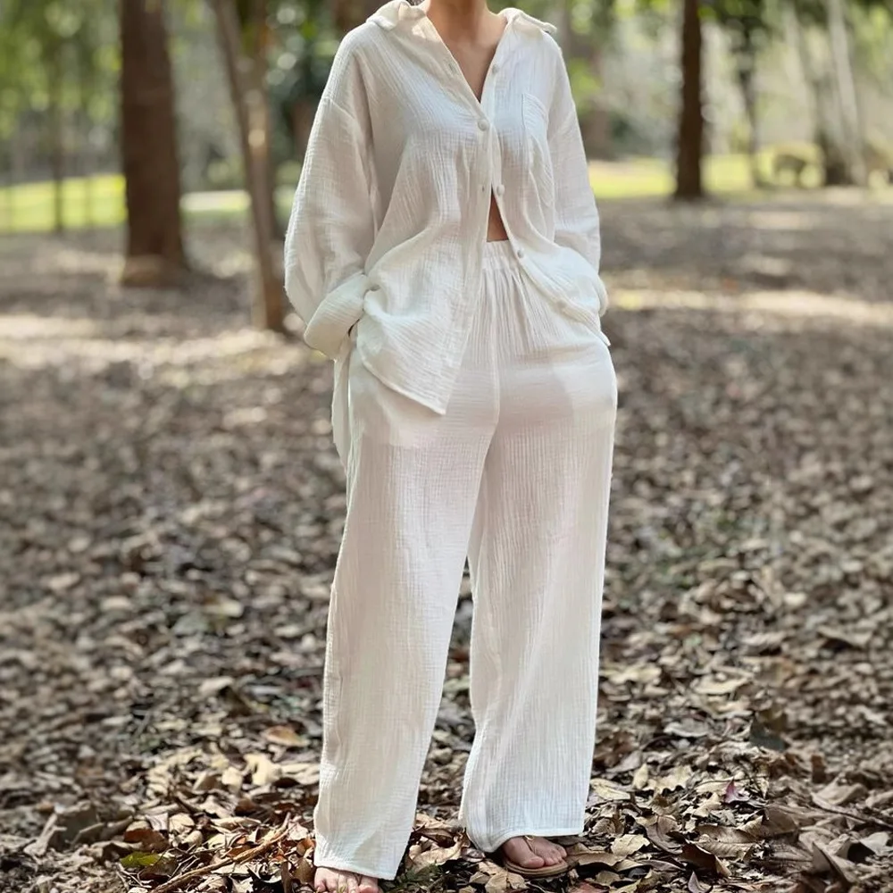 

2025 New Women's Casual Cardigan Long Sleeved Pants Solid Color Women's Shirt Pants New in Matching Sets