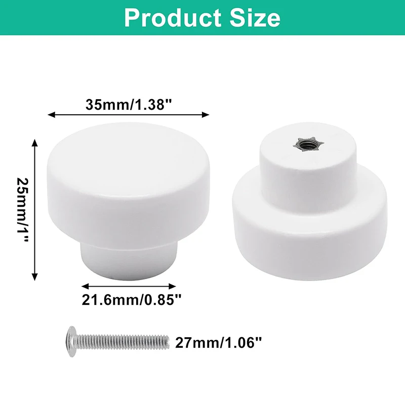 White Round Wood Drawer Knobs , 35mm Pull Knobs with Screws - for Household Furniture Wardrobe Dresser