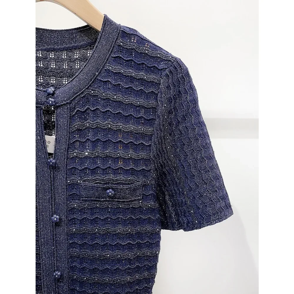 Damen Strickkleid mit Diamanten-Verzierung, Funkelndes Elegantes Kleid mit Ausschnitten, O-Ausschnitt, Marineblau, Einreihig, Midi-Länge