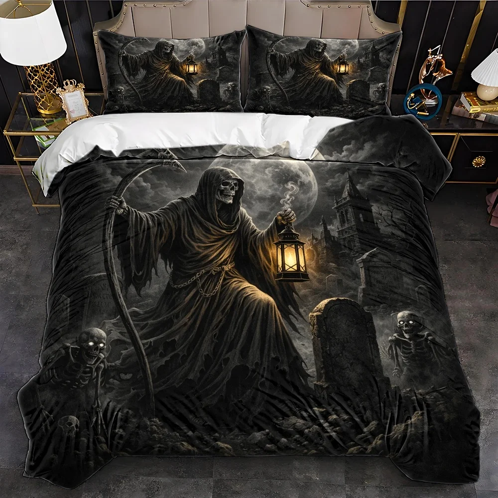 3Pc Dark Grim Reaper Skull Graveyard Duvet Cover Set Gothic Halloween Horror Bedding Machine Washable Invisible Zipper Double Quilt Cover
