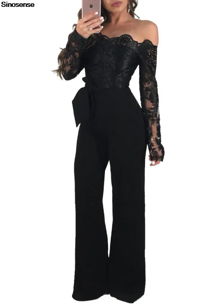 Womens Elegant Off Shoulder Long Pants Wide Leg Jumpsuits Floral Embroidery Lace See Through Cocktail Club Party Evening Rompers