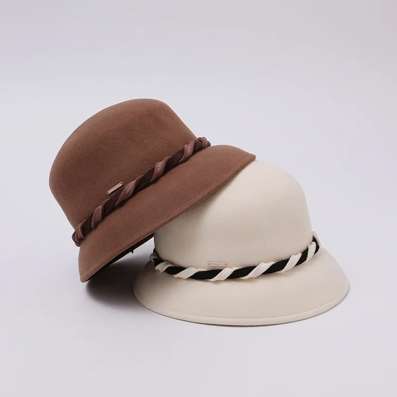 Women Wool Felt Bucket Hat Japanese Elegant Cloche Basin Cap Vintage Contrast Ribbon Foldable Winter Fedora Church Dress Hat
