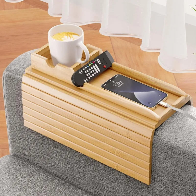 

Bamboo Sofa Armrest Tray - Couch Arm Tray with Detachable Couch Cup Holder - Anti-Slip Foldable Sofa Table