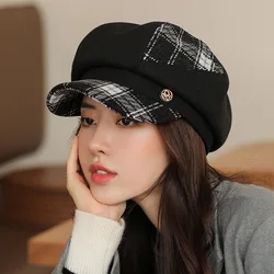 2021 nuove visiere per berretto per donna Plaid di lana Vintage primavera autunno Navy Caps Flat Top berretto classico cappello ottagonale britannico strillone