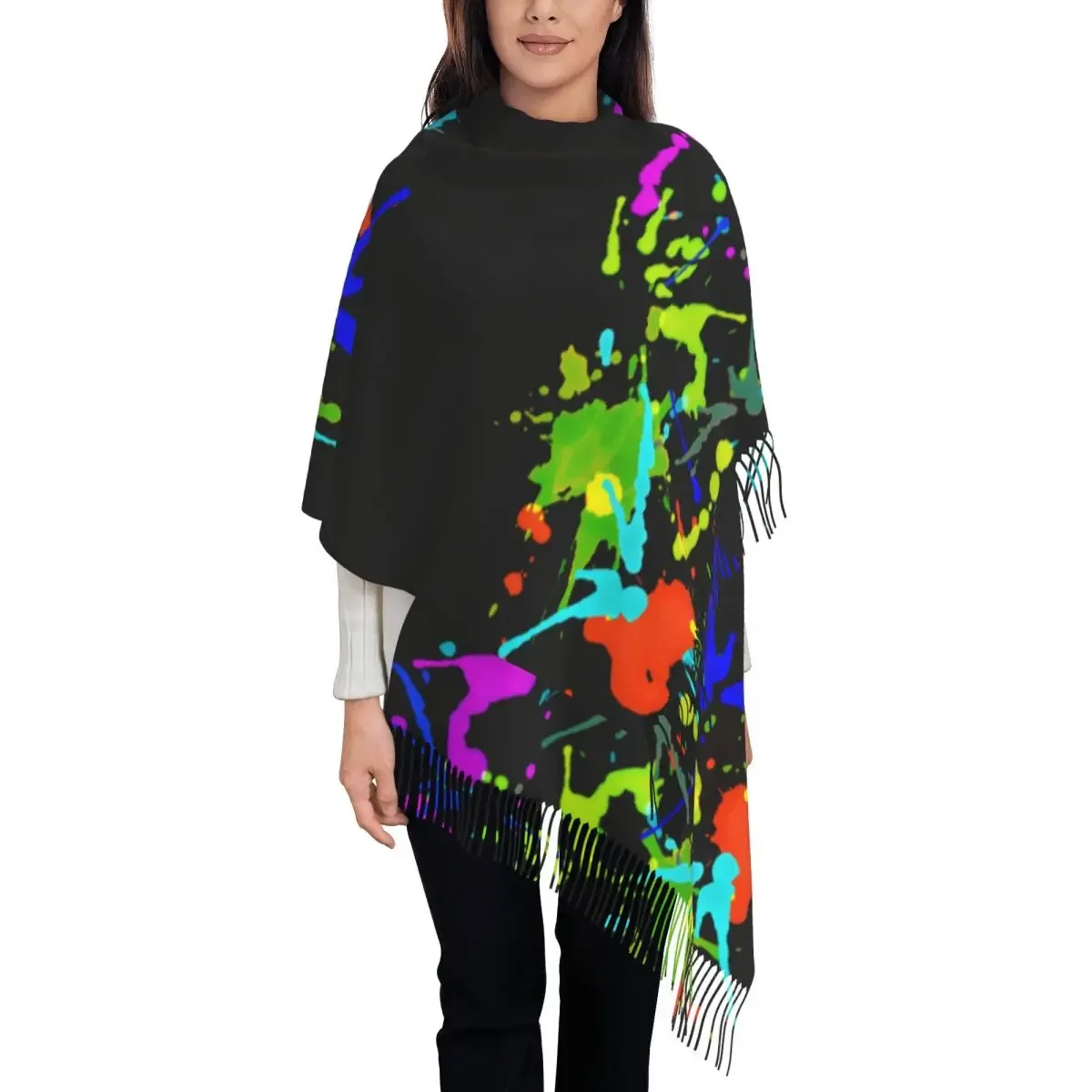 Abstract Rainbow Scarf Women Paint Fight Large Scarves with Long Tassel Winter y2k Shawl Wrap Outdoor Designer Bufanda Mujer