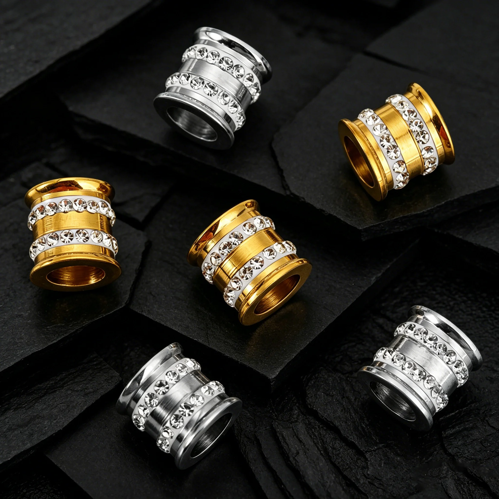 2 Stück Edelstahl-Zirkon-Taillenperlen mit großem Loch, lose Spacer-Perlen für DIY-Armbänder, Halsketten und Schmuckherstellungszubehör – Detail 4