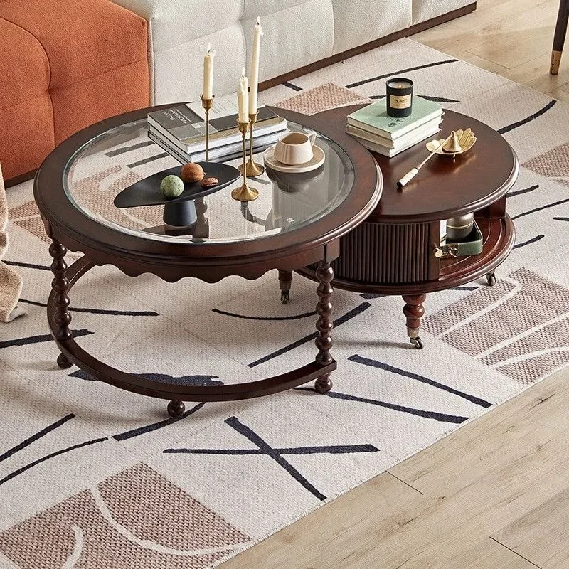 

Round solid wood coffee table combination living room household room small apartment premium black antique tea table