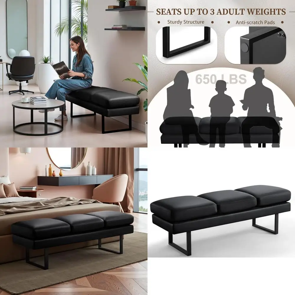 3-Seat Leatherette Upholstered Waiting Room Bench for Office, Conference, and Retail Spaces (Black)