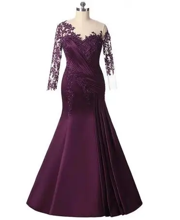 

2022 Stunning Latest Purple Mermaid Mother of the Bride Dresse Lace Wedding Guest Gowns Long Sleeve Jewel Neck Beaded Appliqued