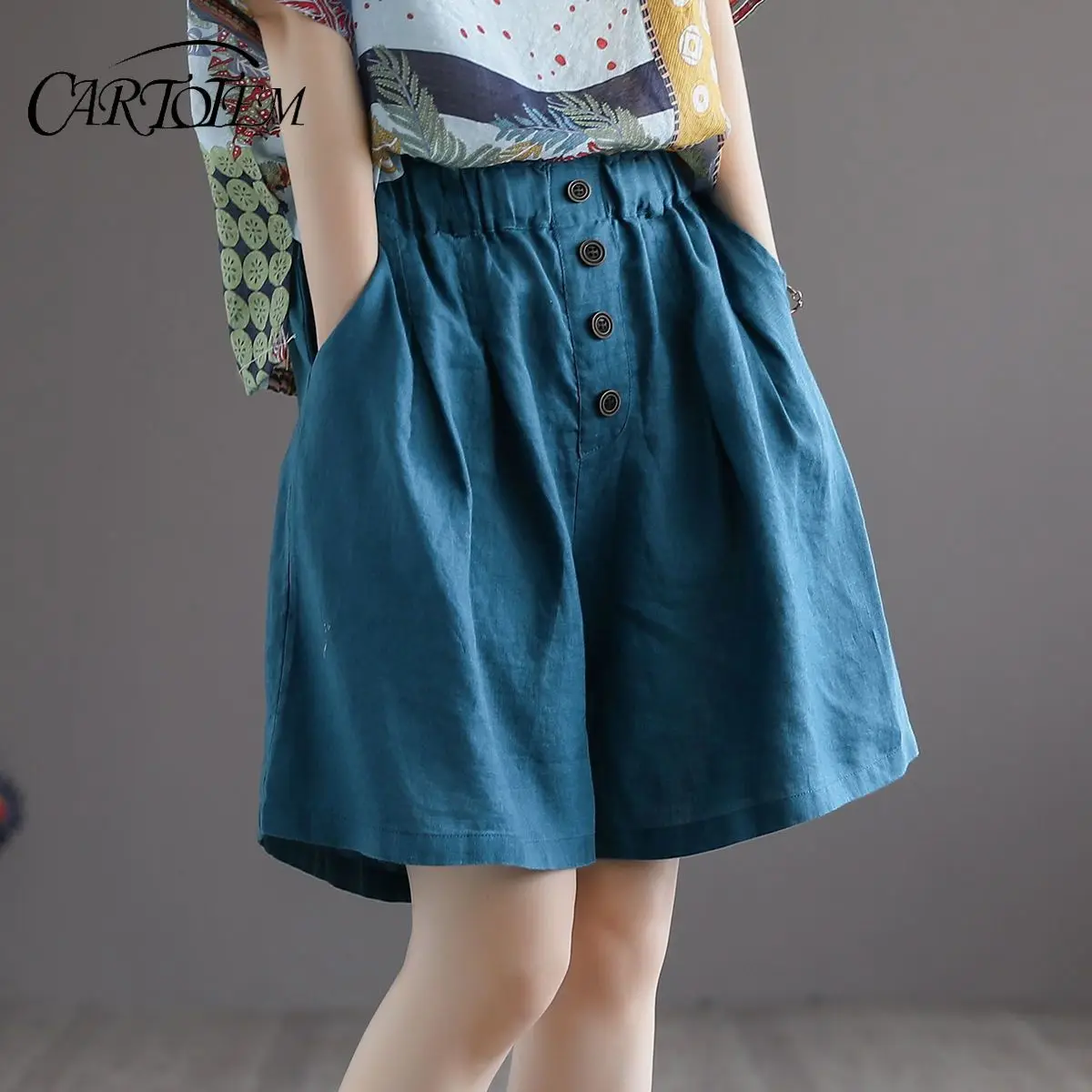Shorts de algodão de verão feminino botão cor sólida versátil solto algodão linho estilo retro perna larga
