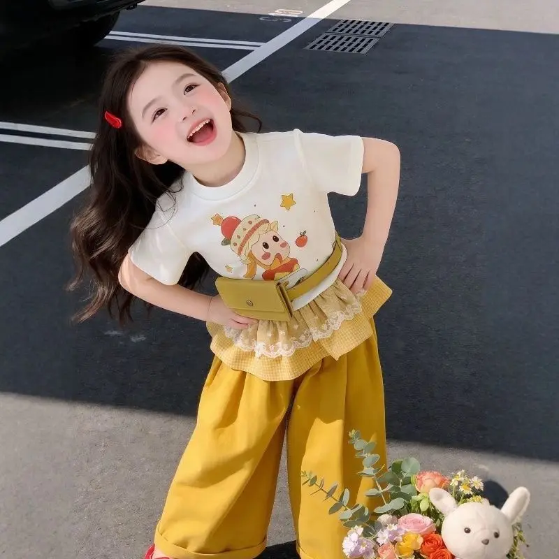 Girls' Summer New Set 2026 Princess Style Star People Splicing Short Sleeve T-shirt, Stylish Wide Leg Pants Two Piece Set