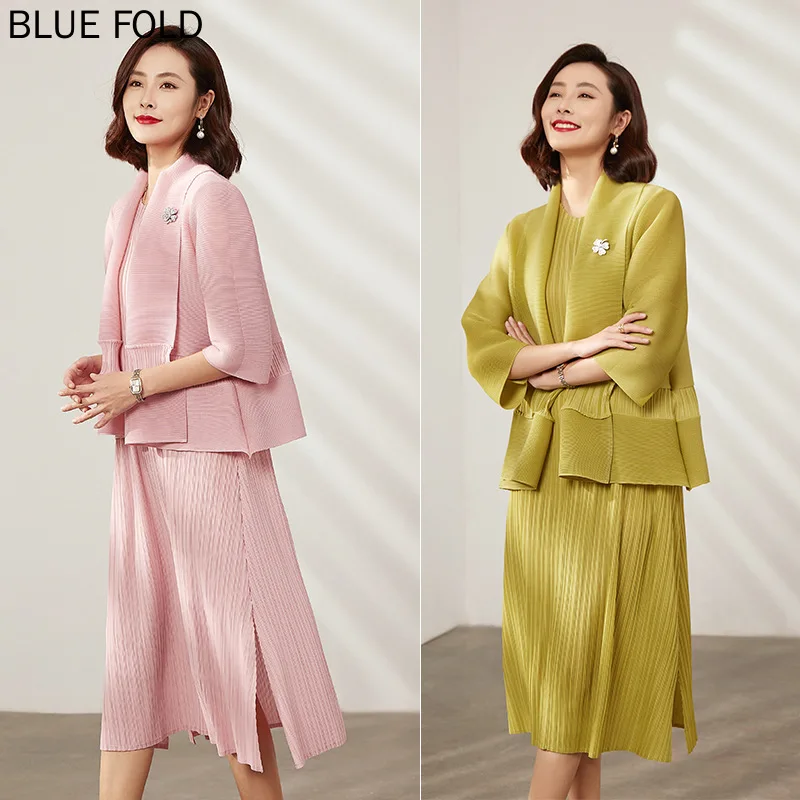 Miyake Pleated Fashion Dress Set, Seven-Point Sleeved Cardigan Top, Slit Midi Dresses, Elegant, 2-Piece