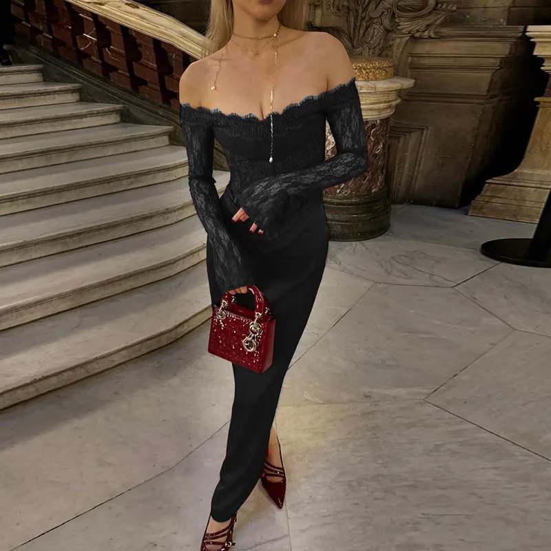 

Autumn New Style Sexy Slim Fit One Shoulder Lace Patchwork Dress