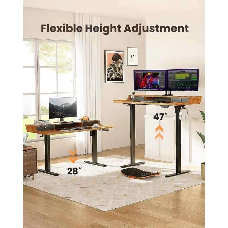 Electric Standing Desk with Drawers, 48″ x 24″ Gaming Desk with Monitor Stand, C-Clamp Mount Compatible, Home Office Height-