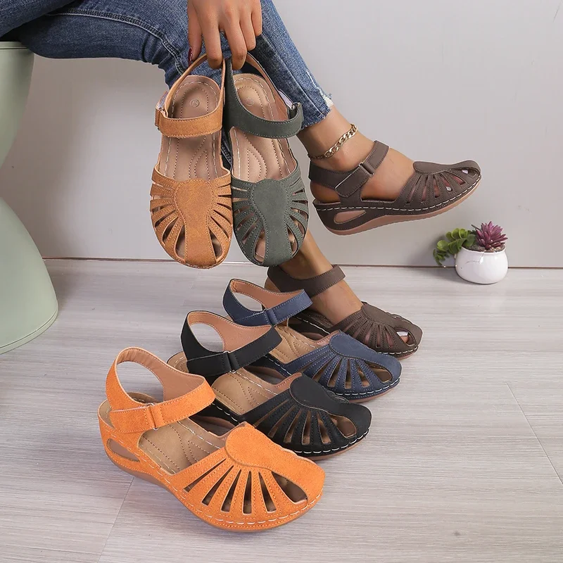 

New Summer Women Wedge Sandals Premium Orthopedic Open Toe Sandals Vintage Anti-slip Leather Casual Female Platform Retro Shoes