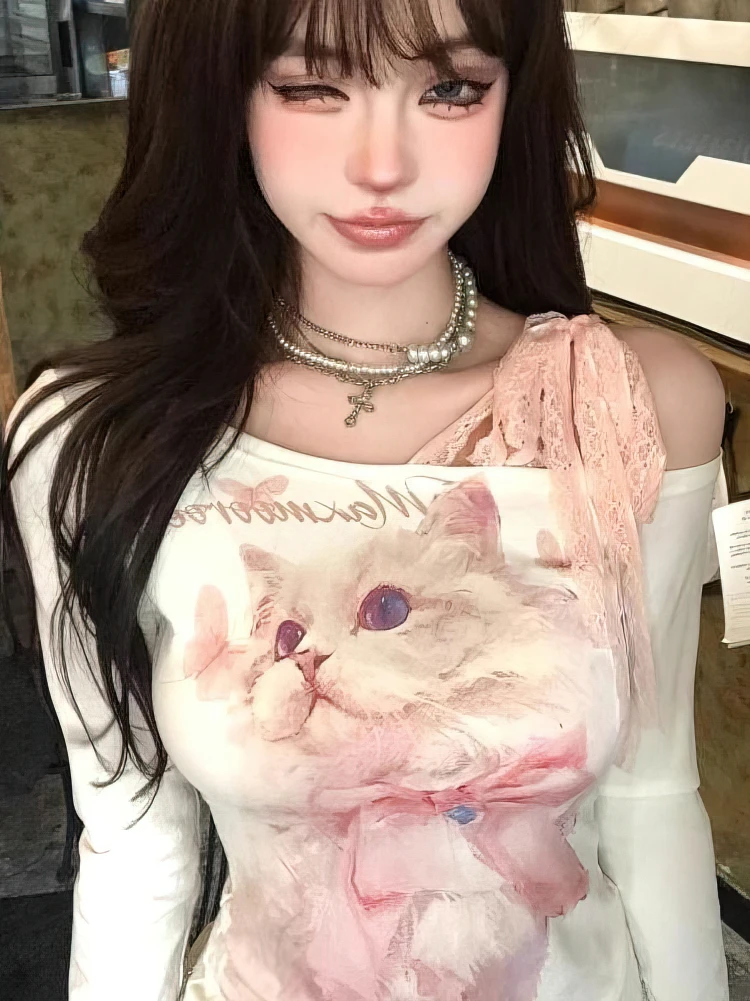 Y2k Cat Print White Off shoulder Long sleeve T shirt Women Front Pink Lace Bow Tied Basic Tops Lady Slim fit Korean Chic Tees