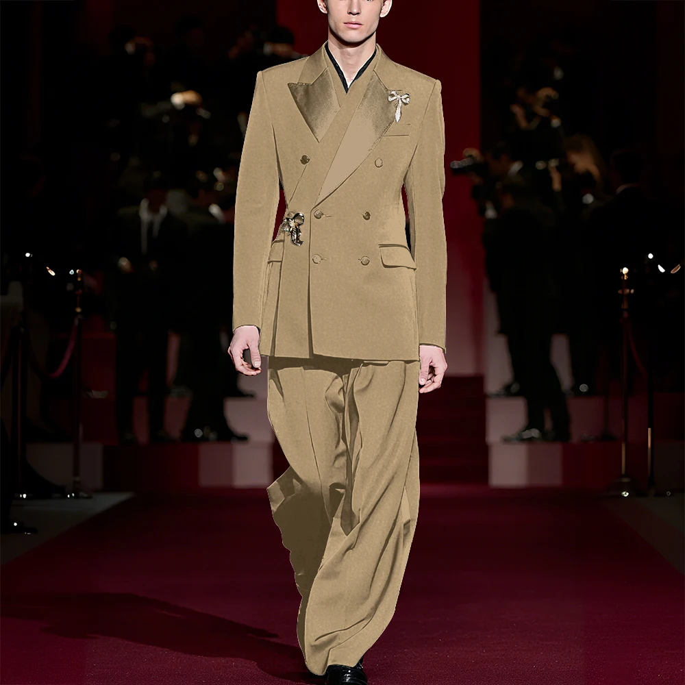 カスタムメンズスーツセット エレガントなピークドラペルブレザーパンツ ダブルブレストモデルショー カジュアルプロムパーティー 男性用スーツ ツーピース