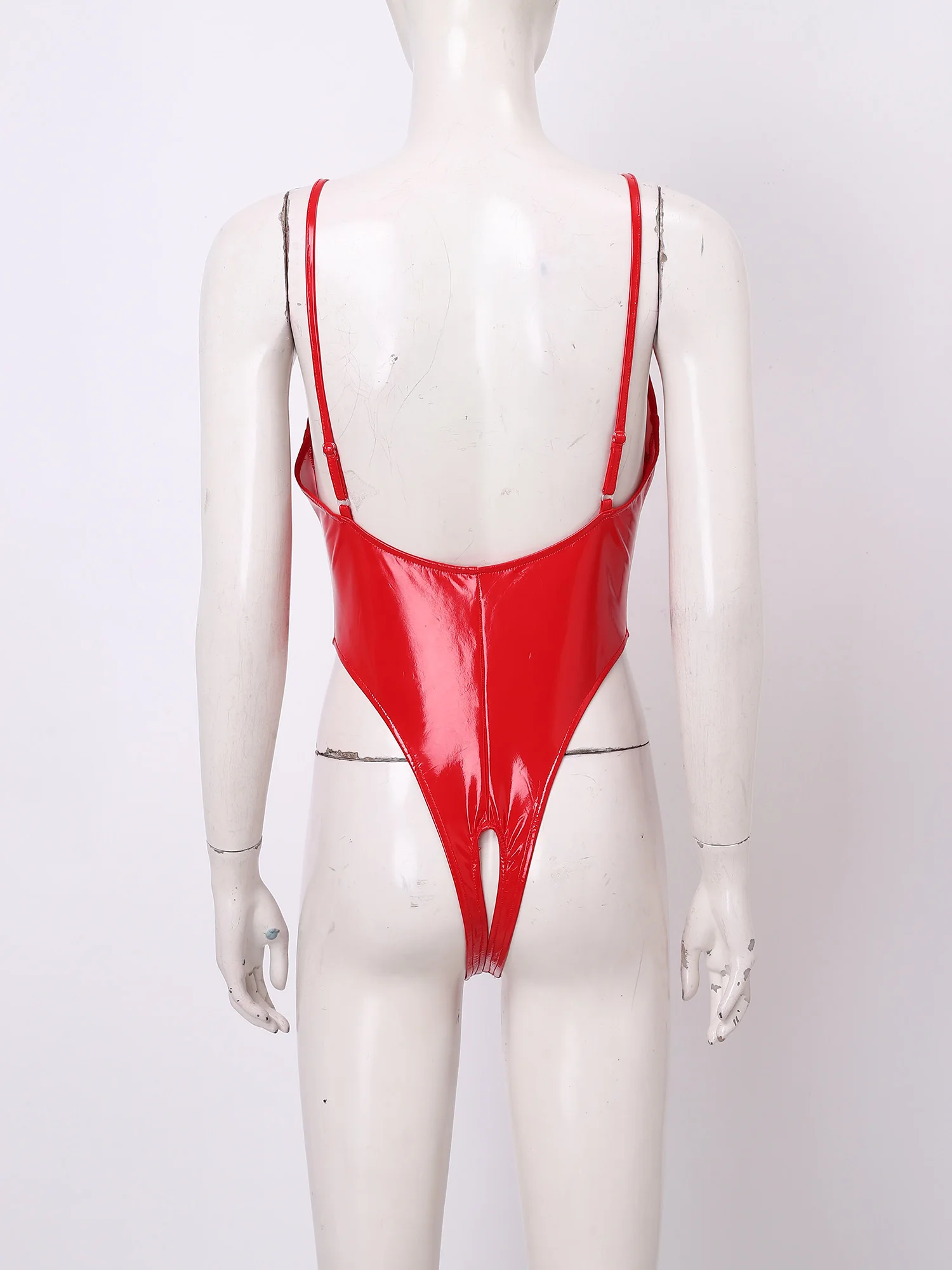 

Womens Open Crotch Bodycon Spaghetti Straps Lingerie Nightwear Wet Look Cutout Sexy Catsuit Exposed Cup Hollow Out Bodysuit