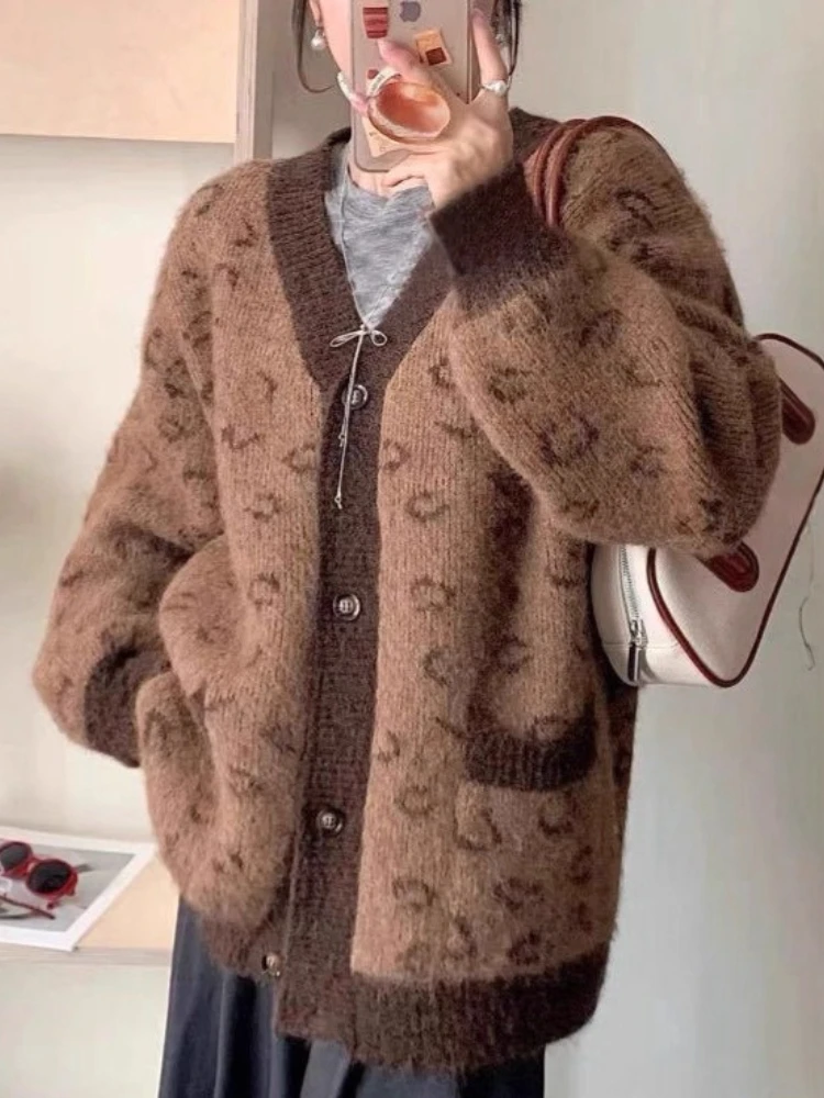 

American Vintage Cardigan V Neck Pockets Leopard Single Breasted Sweaters Loose All Match Knit Tops Autumn Winter Women Clothing