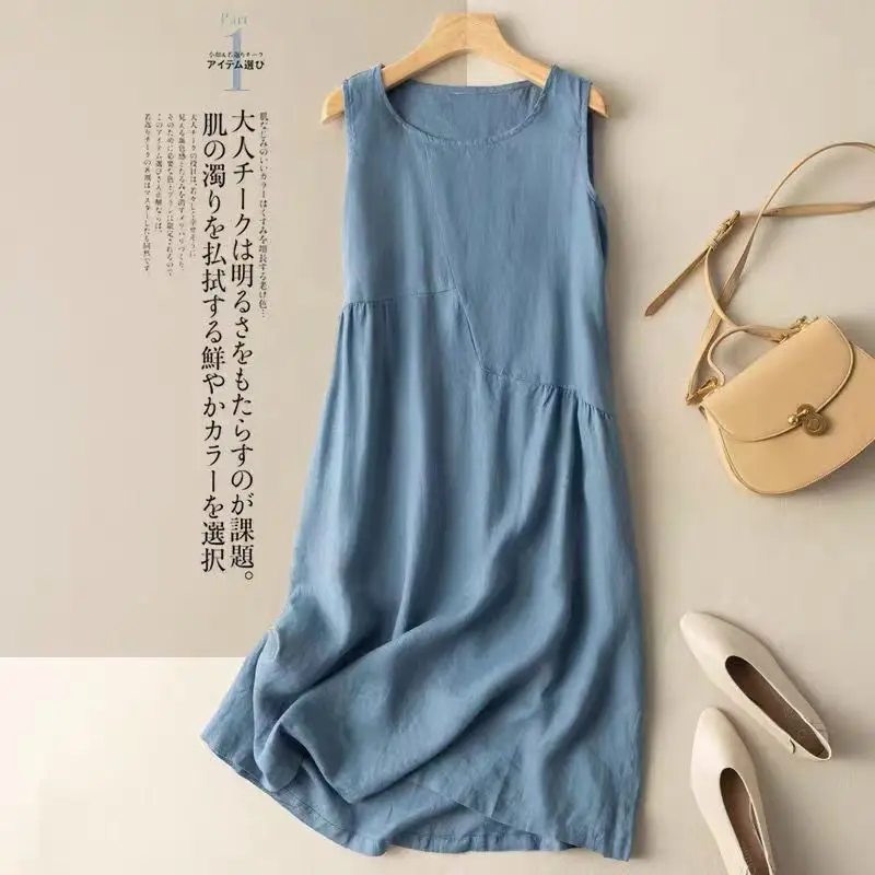 3-Colours Cotton Linen Tank Dress Woman Loose Round Neck Midi Beach Dresses Retro Casual Streetwear Women’s Summer Sundress Lady