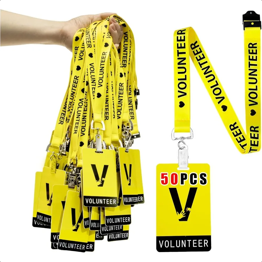 

50 Sets Volunteer Lanyards with PVC Plastic Card Yellow Volunteer Badge ID Cards with Clips Breakaway Lanyards for Fundraising