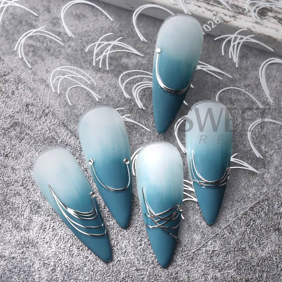 Autocollants pour Ongles en Gel Araignée, Métal, Argent, Blanc, Irrégulier, Graffiti, Rayure, Design 3D, Auto-Adhésif, Verhéritage, Curseur, Décor