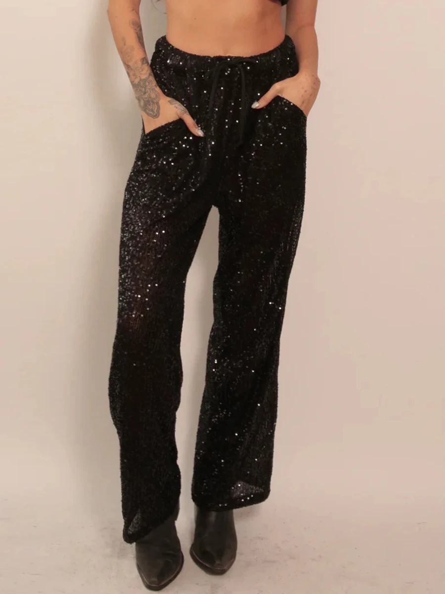 

Womens Leg Sequin High Waist Wide Sparkle Bling Glitter Elastic Loose Flare Bell Bottom Shiny Pants Clubwear Pants