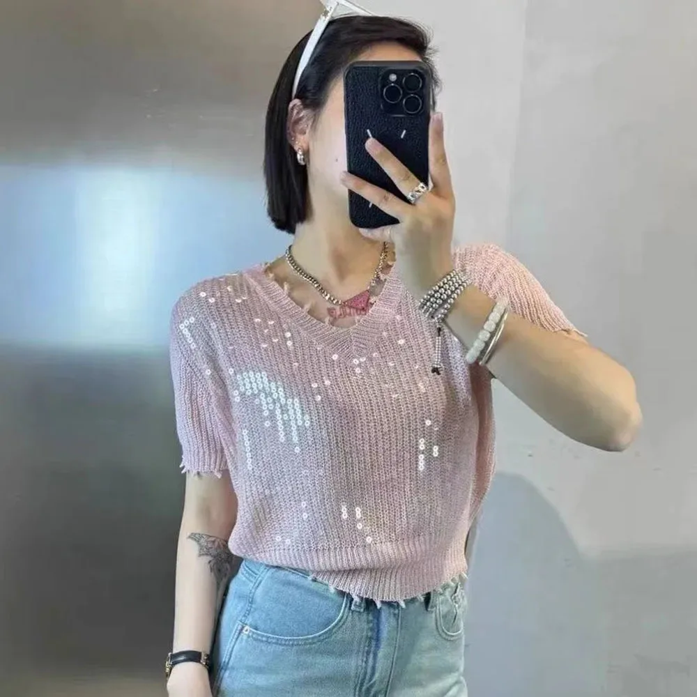 2024 Summer Sequins V-neck Sweater Women Short Sleeve Elegant Temperament Knit Pullover T-shirt Fashion Ladies Knitwear Jumpers