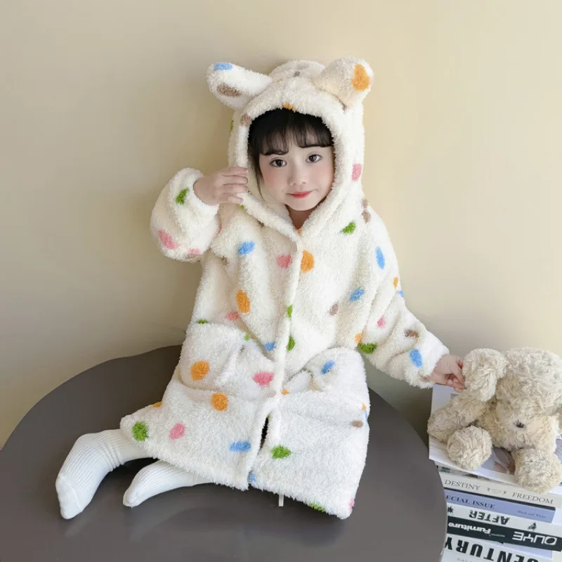 الفتيات الخريف الشتاء رداء رشاقته بيجامة مجموعة لينة روب للنوم البولكا نقطة المتسكعون مقنعين ثوب النوم العصرية ملابس الأطفال #6