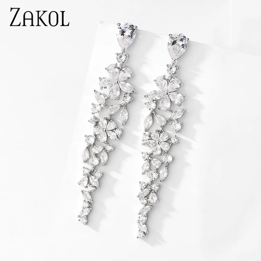 ZAKOL Luxury Elegant Bridal Wedding Jewelry Shiny Cubic Zirconia Long Flower Drop Earrings For Women Party Gift EP1063