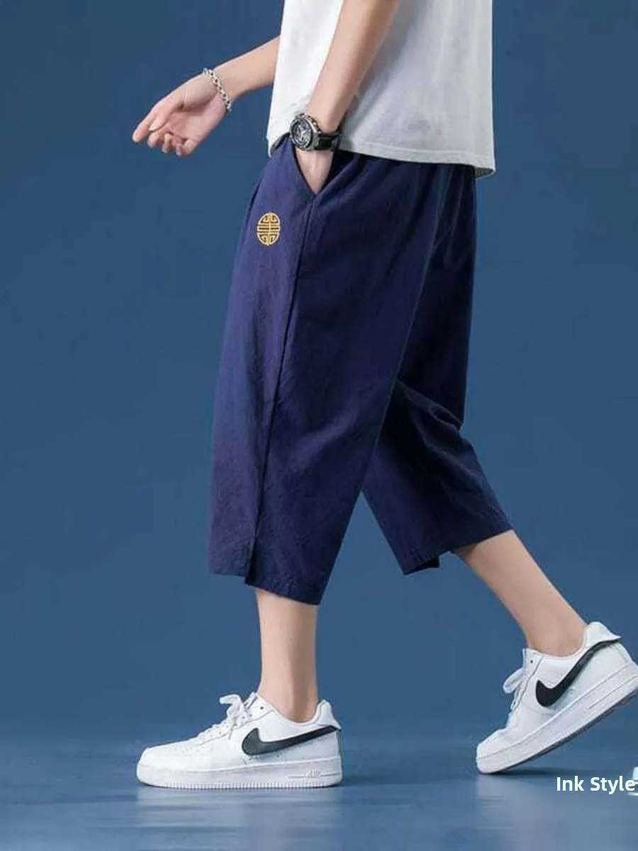 

Мужские летние тонкие хлопковые льняные брюки свободного кроя, спортивные шорты с высокой талией, укороченные, повседневные, свободные льняные брюки