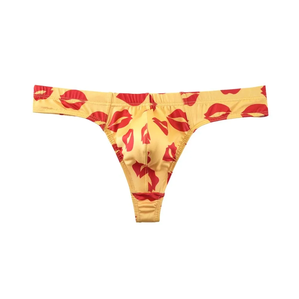 

Comfortable Ice Silk Men Lip Pattern Thongs with Mouth Print Lingerie Men's Panties T-back Red Lip Male Briefs Summer