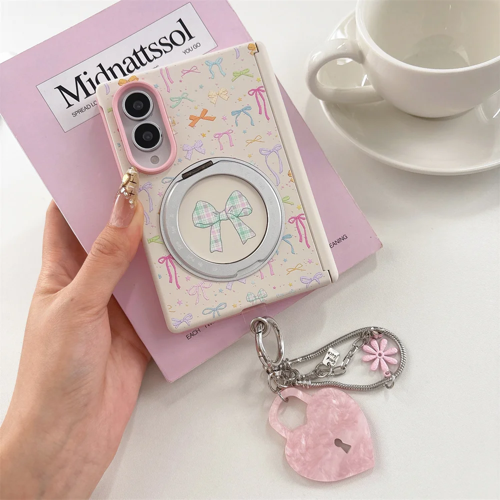 Cute Colorful Bow Print 360° Rotatable Magnetic Ring Holder Phone Case For Samsung Galaxy Z Fold 8 Shockproof Protective Cover