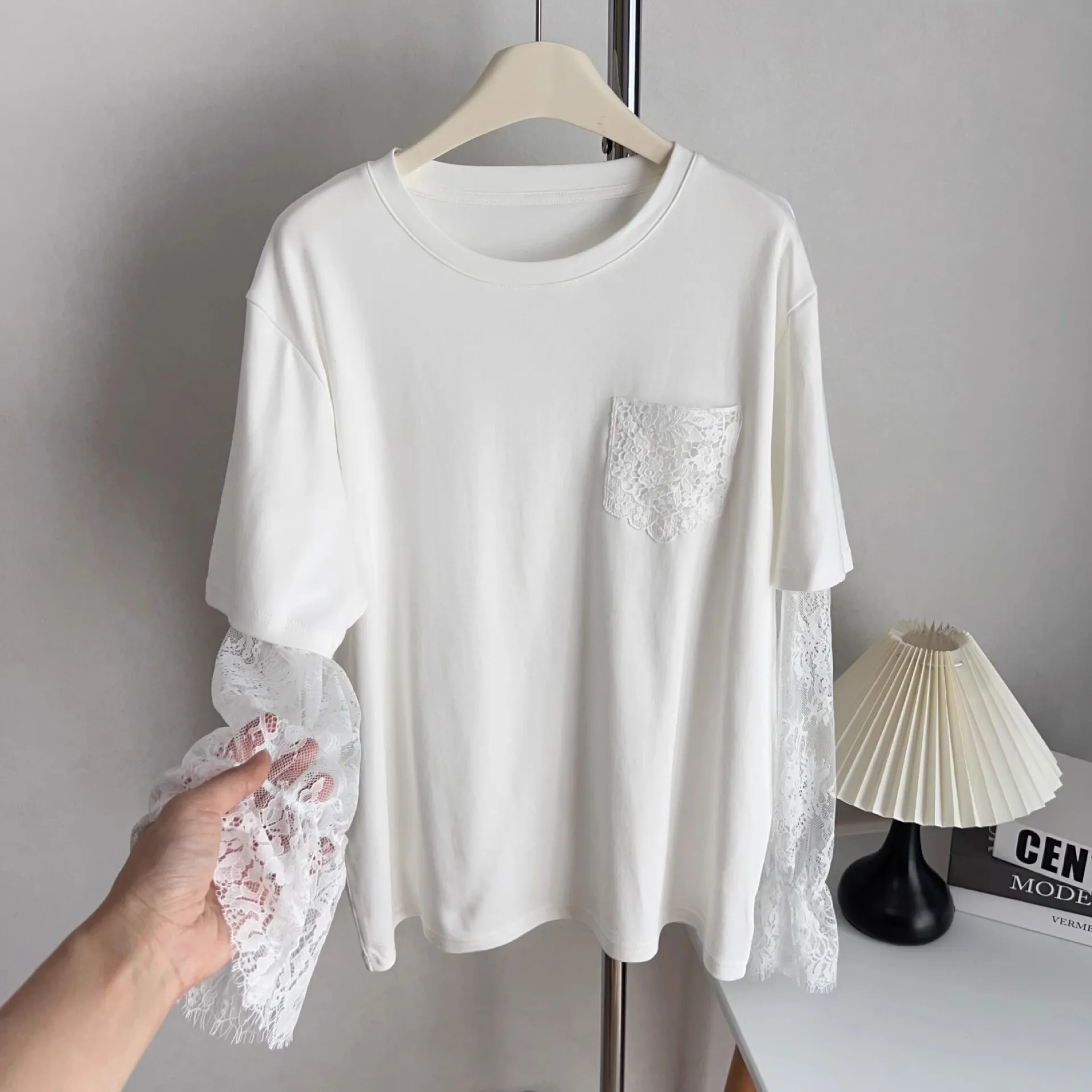 

Lace Sleeve Patchwork Long Sleeved T-shirt For Women's Spring/summer 2025 Round Neck Simple Casual Basic Top