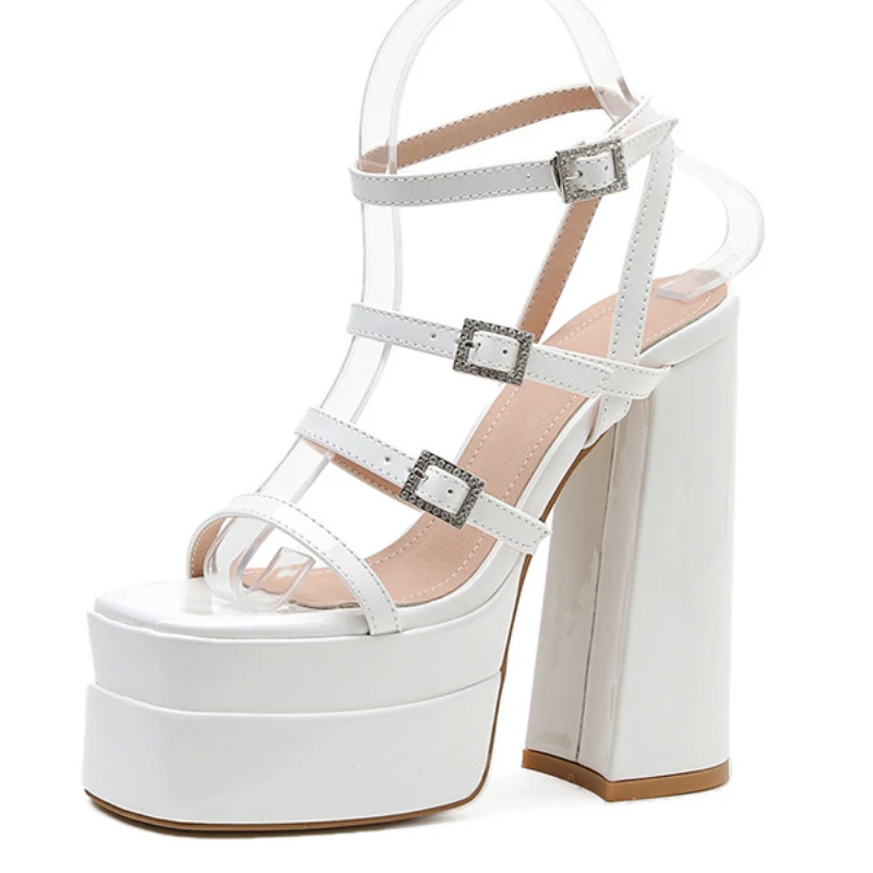 여름 새 스퀘어 발가락 Chunky Heel 여성용 하이힐 Peep-Toe Stiletto 플랫폼 샌들 여성용 14cm 런웨이 샌들