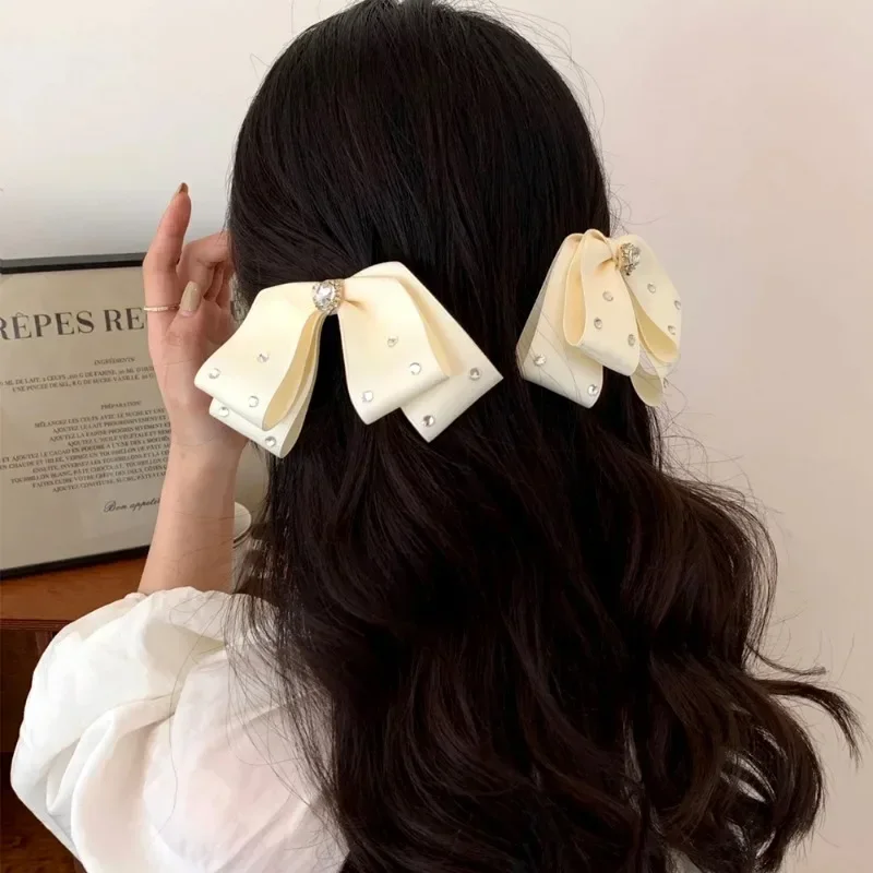 Korean Bow Hairpins for Girl Satin Bow Hairpin Crystal Rhinestone Temperament Ponytail Clip Spring Clip Back White Head Top Clip