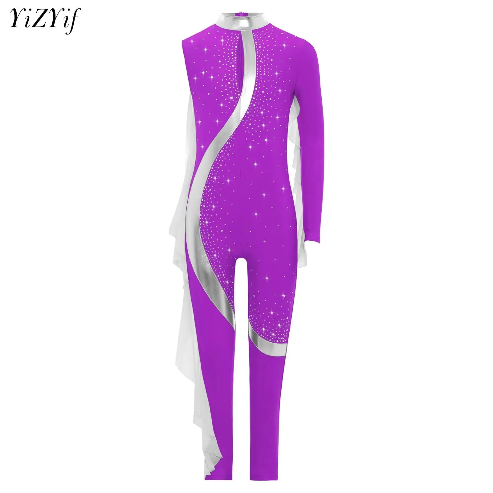 

Kids Girls Asymmetrical Long Sleeve Gymnastics Jersey Figure Skating Jumpsuit for Girl Children Ballet Dance Costume Dancewear